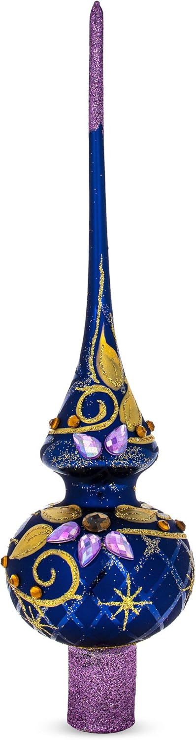 Purple Jewels and Golden Leaves on Blue Mouth Blown Glass Christmas Tree Topper 11 Inches...