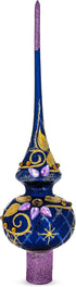 Purple Jewels and Golden Leaves on Blue Mouth Blown Glass Christmas Tree Topper 11 Inches...