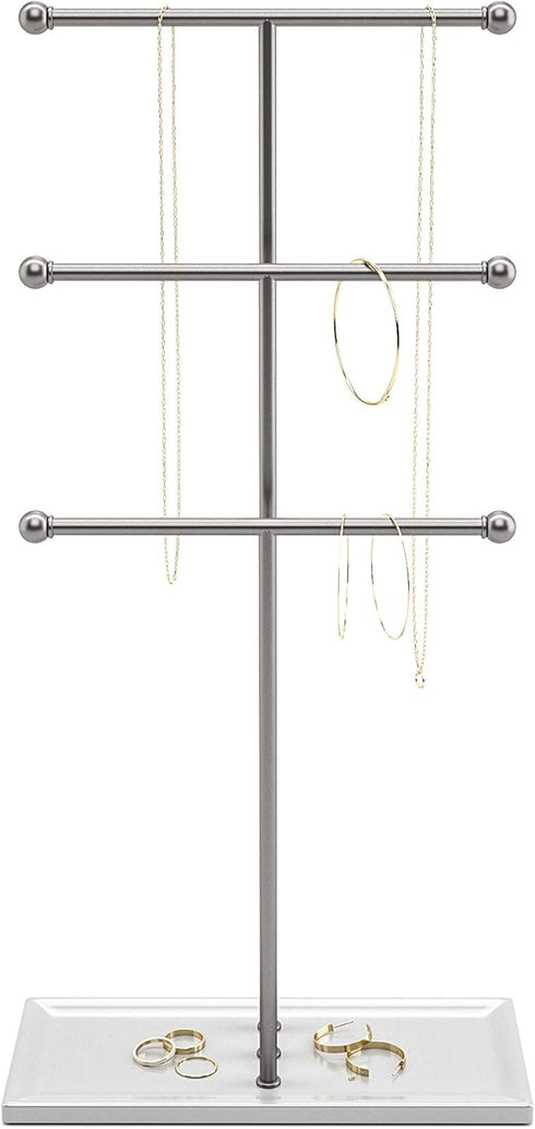 Umbra Trigem Hanging Jewelry Organizer Tiered Tabletop Free Standing Necklace Holder Display, White/Nickel...
