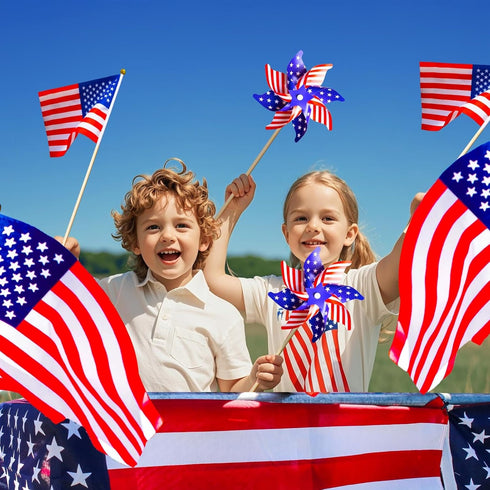 36 Pcs 4th of July Patriotic Decorations, Memorial Day Pinwheels and Flags Small Fourth of July Red White and Blue Stars Stripes Kids Windmills In...