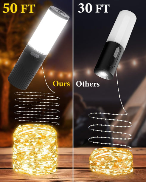 Camping String Lights, 4 in 1 Outdoor String Lights with 9 Light Modes(50Ft), LED String Lights Waterproof IPX6 Portable Camping Lantern Rechargea...