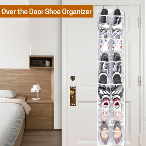 SWISSELITE Over the Door Shoe Organizer, Space Saving Hanging Holder with 12 Large Clear Pockets and 2 Metal Hooks, Storage Rack Hang on Closet Do...