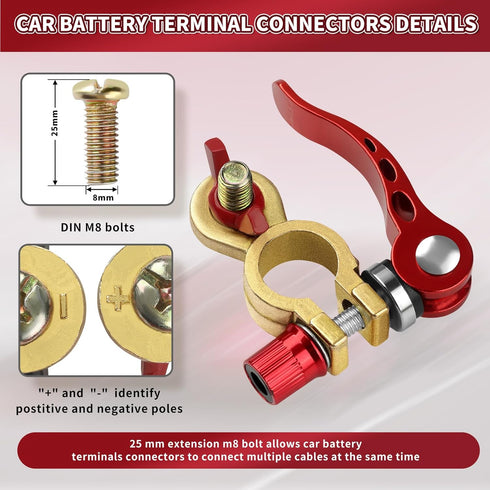 Battery Terminal Connectors 1 Pair, Battery Terminals Brass (M8 x 25mm Bolt), Battery Cable Ends Quick Release, Car Battery Terminal with Anti-Cor...