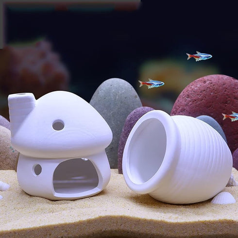 White Cute Ceramic Shrimp Shelter Betta Fish Tank Decor Jar Ornaments Aquarium Hideout Caves Landscape Decorations for Small Fish to Breed Hide (L...
