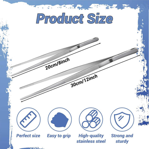 2Pcs Stainless Steel Kitchen Tweezers, Professional Kitchen Tweezer Tongs, Extra-Long Food Tweezers with Precision Serrated Tips for Cooking Repai...