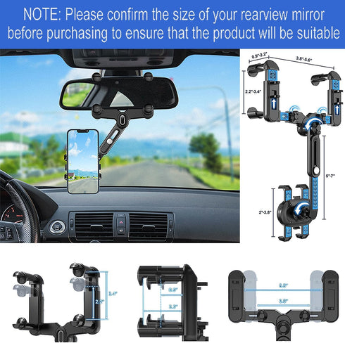 Rear View Mirror Phone Holder, 360°Rotatable and Retractable Rearview Mirror Phone Holder for Car, Upgraded Four Corners Anti-Shake Multifunctiona...