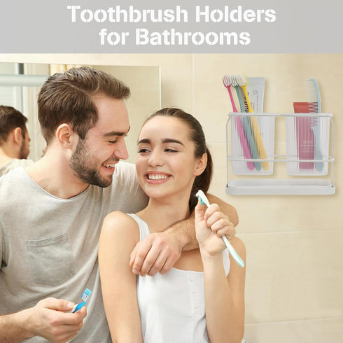 White Toothbrush Holders for Bathrooms, Toothbrush Holders Wall Mounted with 2 Cup, Dry & Wet Separation, Bathroom Countertop Organizer and Storag...