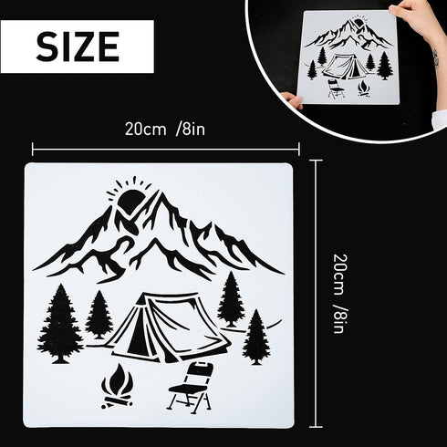 9 Pcs Stencils for Camping Paintings 8 x 8 Inches Reusable Camping Stencils for Journaling Painting DIY T-Shirt Bucket Bag Pillow Cases Crafts Cak...