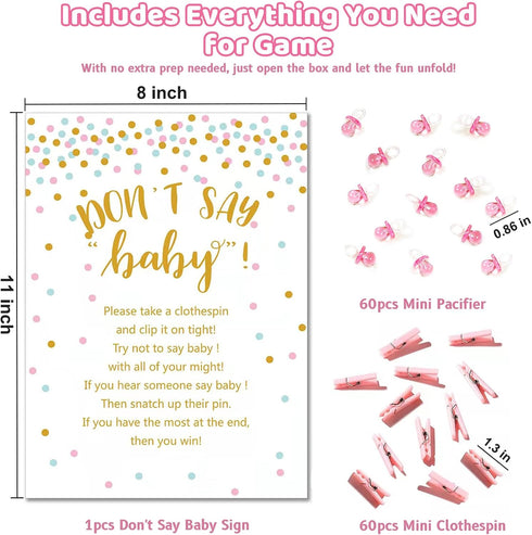 Don't Say Baby Shower Clothespin Game for Girl Includes 8x11 Standing Sign, 60 Mini Pink Clothes Pin, 60 Mini Pacifiers...