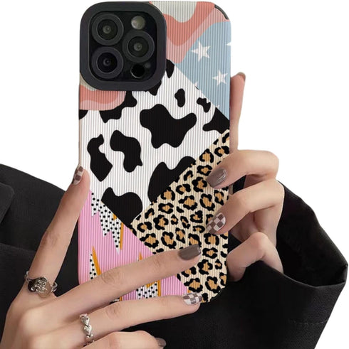 Compatible for iPhone 13 Case, Trendy Leather Animal Leopard with Cute Cow Milk Spot Pattern Design, Shockproof Slim Soft TPU Full Camera Lens Pro...