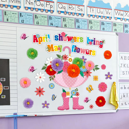 ojustbeok April Showers Bring May Flowers Bulletin Board Decorations Spring Cutouts with 3D Tissue Paper Pompoms Spring Bulletin Board Spring Flow...