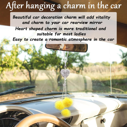 Bling Car Hanging Ornament, Cute Love Heart and Plush Ball Pendant for Auto Rear View Mirror, Lucky Diamond Rearview Mirror Charm for Women Girls,...