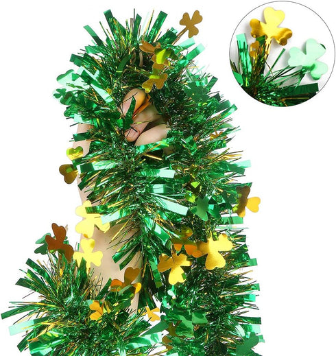 CCINEE 33FT St.Patrick's Day Tinsel Garland,Shamrock Clover Green Gold Metallic Garland for Irish Party Home Decoration...