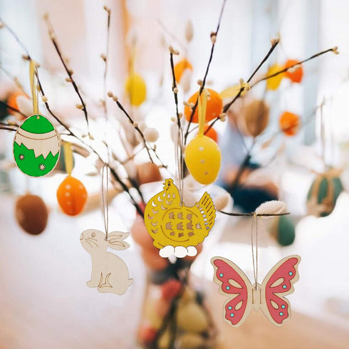 Max Fun 60PCS Wood Cutouts for Crafts Unfinished Ornaments DIY with Bunny to Paint for Kids Party Decorations Decor with Hanging Egg Shapes & Draw...