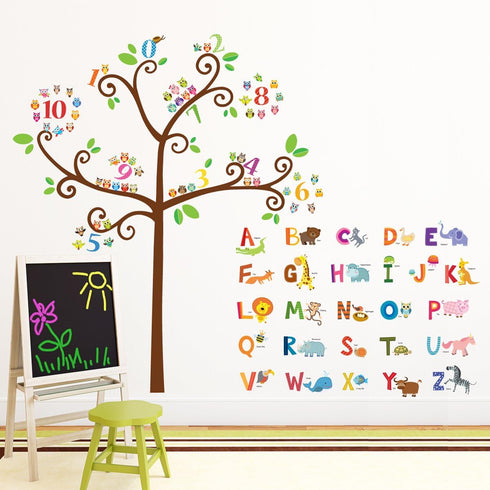DECOWALL DA-1503 Animal Alphabet ABC and Owl Numbers Tree Kids Wall Stickers Wall Decals Peel and Stick Removable Wall Stickers for Kids Nursery B...