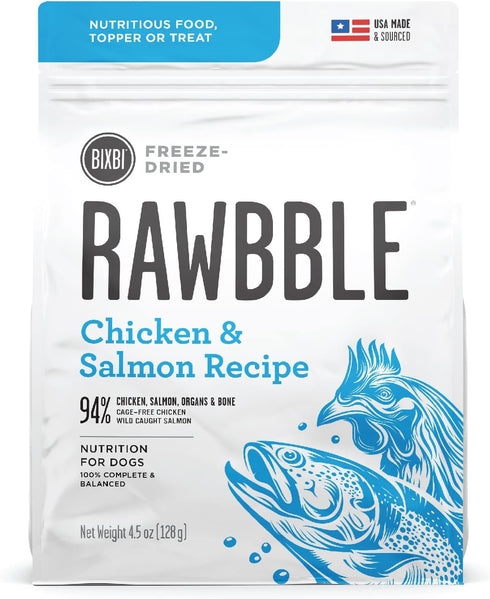 BIXBI Rawbble Freeze Dried Dog Food, Chicken & Salmon Recipe, 4.5 oz - 94% Meat and Organs, No Fillers - Pantry-Friendly Raw Dog Food for Meal, Tr...