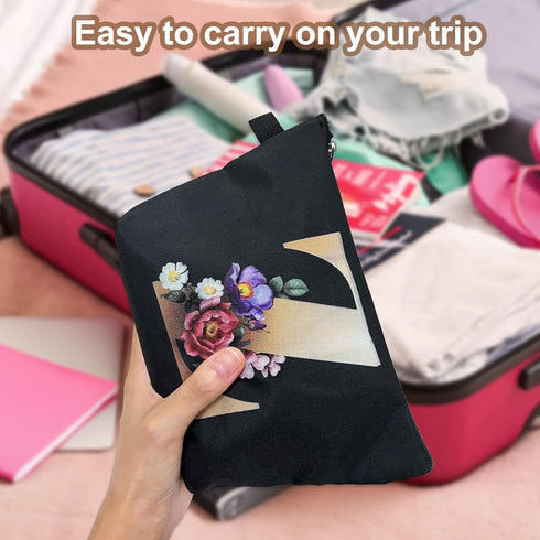 Small Letter Comestic Travel Bag Gold Alphabet with Flower Makeup Bag Portable Travel Stuff Bag Zipper Toiletry Pouch Personalized Gifts for Women...