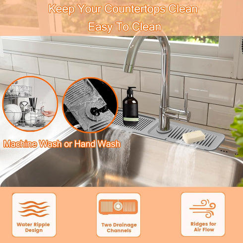 Silicone Kitchen Sink Splash Guard Faucet Mat (24" x 5.5"), 5° Slope Faucet Draining Mat, Faucet Handle Drip Catcher Tray Sink Drain Faucet Pad Be...