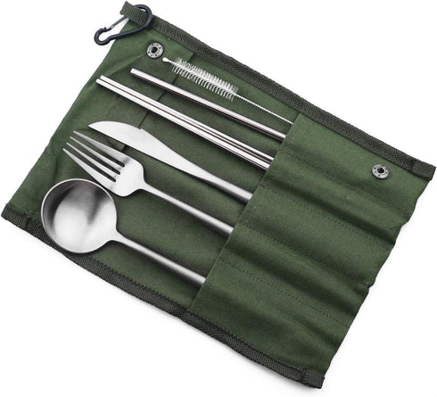 Reusable Travel Utensils, 7 Pieces Portable 18/10 Stainless Steel include Knife Fork Spoon Chopsticks Cleaning Brush Straws Portable Pouch, Eco-fr...