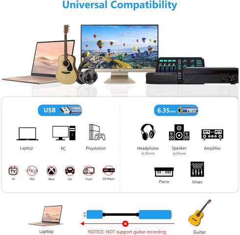 MillSO USB to 1/4 Jack Audio Adapter USB to 6.35mm Female TRS Headphone Aux Adapter Stereo USB External Sound Card for Laptop, PC, Amplifier, Spea...
