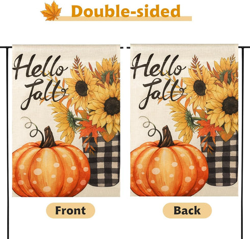 Hello Fall Pumpkin Garden Flag Vertical Double Sided 12x18 Inch Small Yard Flag Thanksgiving Autumn Burlap Yard Seasonal Holiday Outdoor Decor...