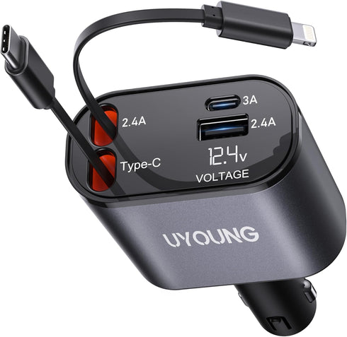 iPhone Car Charger, Retractable Fast Car Phone Charger 100W for CarPlay, 4 in 1 Car Charger Adapter with 2 Cables 31.5 Inch and 2 USB Ports, Compa...