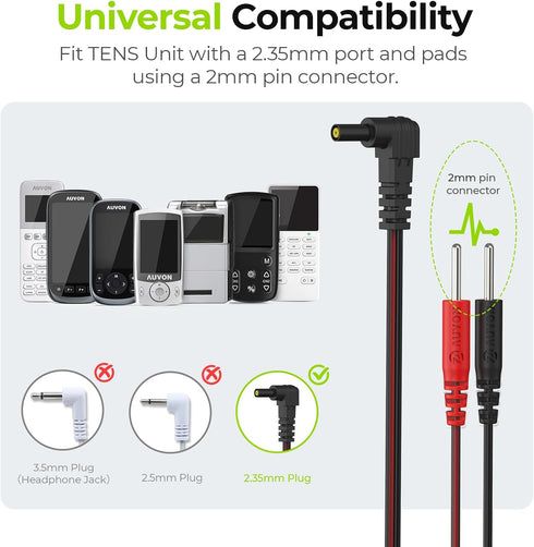 AUVON 2 x TENS Unit Electrode Lead Wires, Premium Lead Wires with Soft TPE Material for 40,000+ Bends, Universal and Compatible with Most TENS Uni...