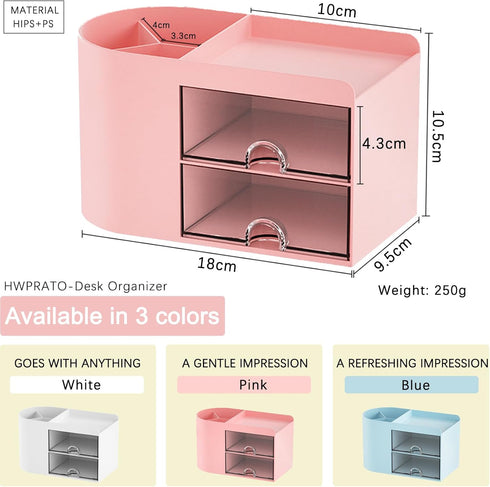 Cute Pen Organizer with Drawer, Multi-Functional Small Desktop Accessories Organizers, Pencil Holder for Desk Office Art Supplies (Rounded Desk Or...