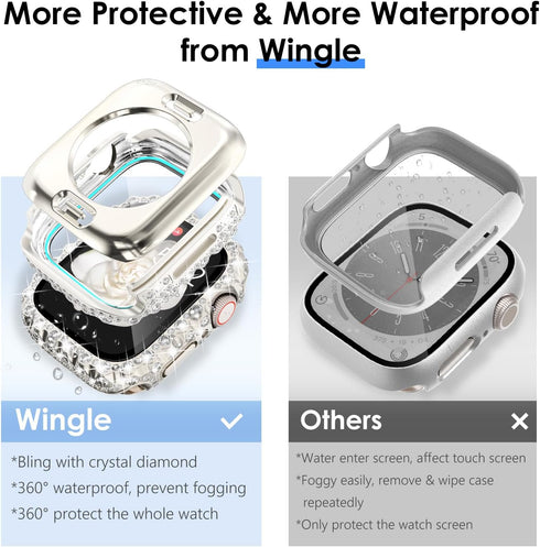 Wingle 2 in 1 Waterproof Case for Apple Watch 45mm Screen Protector Case Series 9 8 7, Bling Lace Edge Diamond Face Cover Full Glitter Rhinestone ...