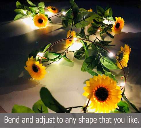 Fielegen 20 LED Artificial Sunflower Garland String Lights, 6.56ft Silk Sunflower Vines with 9 Flower Heads Battery Powered Fairy String Lights fo...