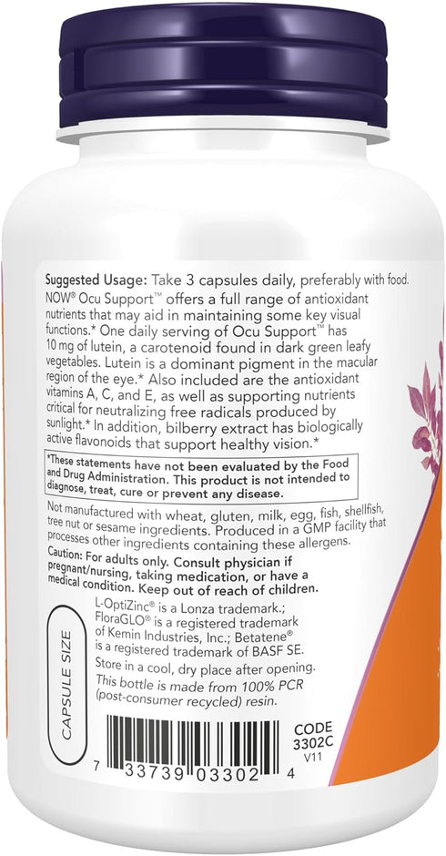NOW Supplements, Ocu Support™ with FloraGLO® Lutein, plus Vitamins A, C and E, 120 Veg Capsules...