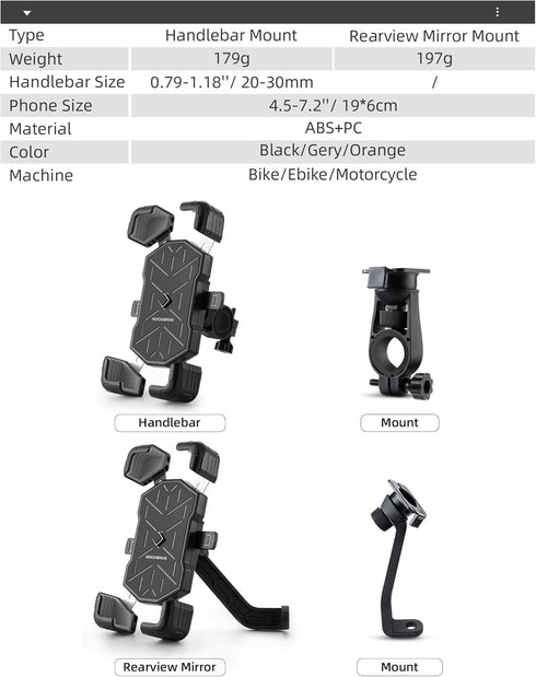 ROCKBROS Bike Phone Holder Mount for 4.5''-7.1'' Phones, Quick Release Handlebar Clamp, 360 Rotatable Motorcycle Mount...