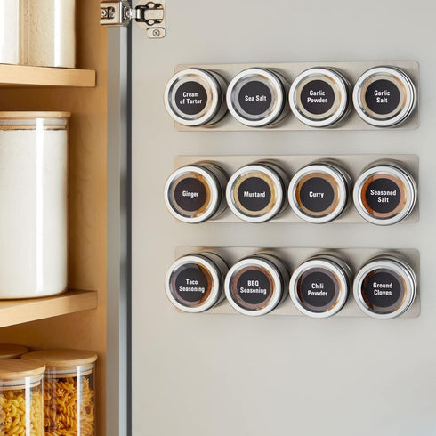 Talented Kitchen 12 Magnetic Spice Jars for Refrigerator with 3 Metal Wall Bases, 269 Preprinted Seasoning Labels, 2 Styles, 1 Cooking Conversion ...