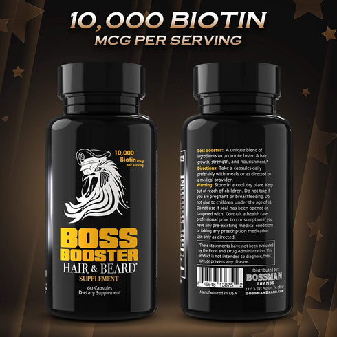 Bossman Boss Booster Supplement – 60 Capsules – MSM and 10,000 MCG Biotin Beard Growth Vitamins for Men – 30-Day Supply...