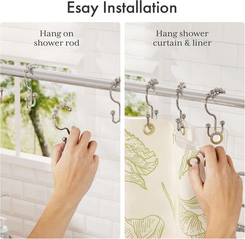 Amazer Shower Curtain Hooks, Plastic Double Shower Curtain Rings, Shower Hooks for Bathroom Shower Curtain Rod - Set of 12, Nickel...