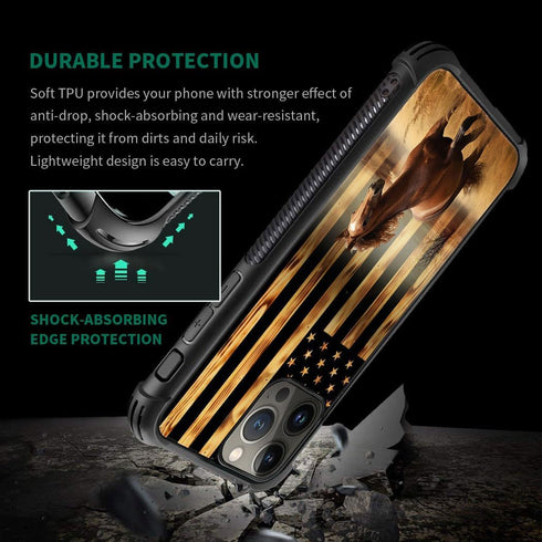DJSOK Case Compatible with iPhone 15 Pro, Classic Wood Grain American Flag Horse Case for iPhone 15 Pro Cases for Man Boys Girls Dual Layer Shockp...
