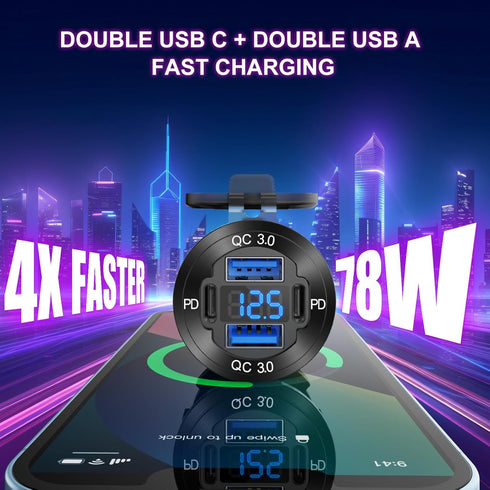 Upgraded 4 Port 12V USB Outlet Aluminum Charger, 78W Dual PD & QC Multiple USB Port for Car, USB C Cigarette Lighter Replacement 12 Volt Socket wi...