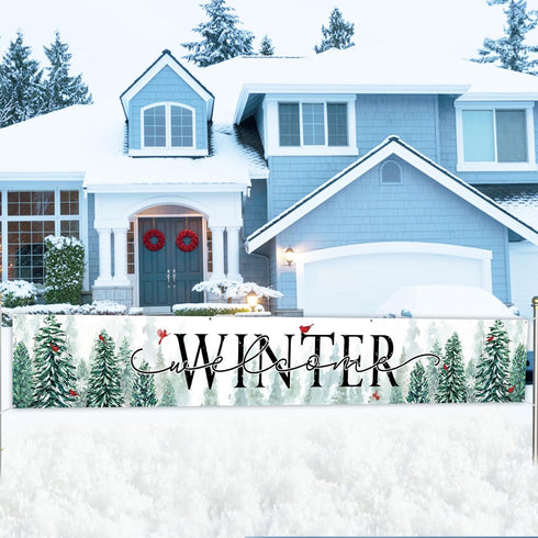Winter Welcome Snowy Forest Large Outdoor Banner 120x20 Inch, Pine Tree Cardinal Red Bird Decorative Fence Yard Garden Sign Backdrop Home Decor, C...