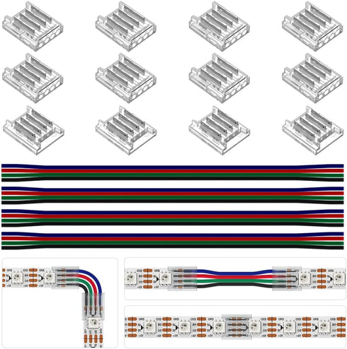 BTF-LIGHTING 4 Pin 10mm 0.39in Width Transparent Connector Kit 8pcs Corner Connector 4pcs Gapless Solderless Connector 4pcs 5.9in Long 22AWG Exten...