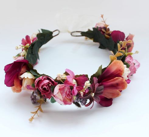 Vivivalue Adjustable Flower Headband Women Floral Crown Hair Wreath Flower Headpiece Halo Boho with Ribbon Wedding Party Festival Photos Maroon...