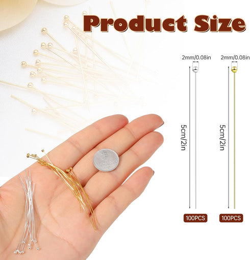 200 Pcs Pins for Jewelry Making Jewelry Head Pins Ball Head Pins 2 Inch Brass Head Ball Pins Eye Pins for Jewelry Making Bendable Headpin for Earr...
