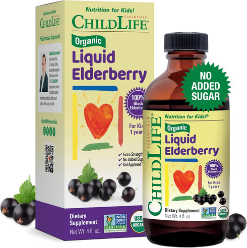CHILDLIFE Essentials Organic Liquid Elderberry - Elderberry Syrup for Kids Immune Support, Non-GMO, USDA Organic, Black Elderberry for Kids 1 Year...