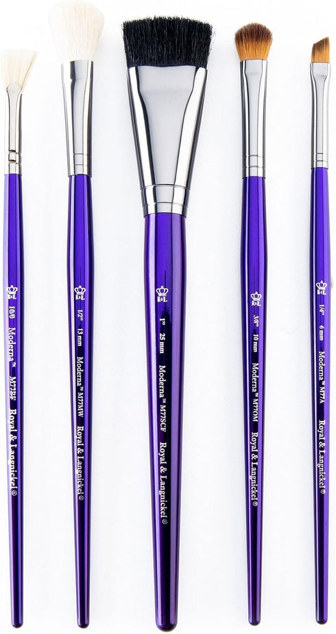 Royal & Langnickel Moderna, 5pc Scruffy Variety Brush Set for All Painting Mediums, Includes - Scruffy, Mop, Angular & Fan Brushes Purple...
