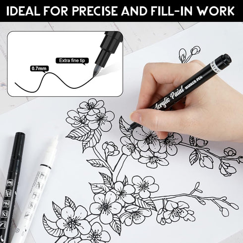 White Paint Pen, 8 Pack 0.7mm Acrylic Paint Pens Acrylic Markers 6 White 2 Black Paint Pens for Rock Painting Wood Canvas Glass Metallic Ceramic T...