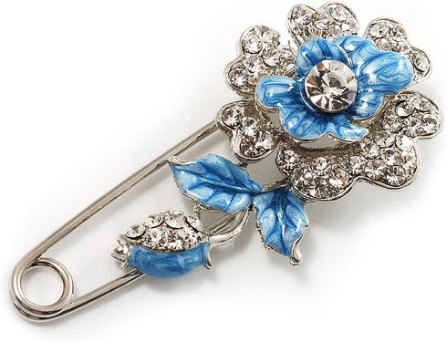 Silver Tone Crystal Rose Safety Pin Brooch (Blue)...