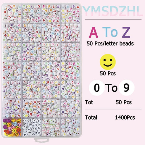 Alphabet Beads A-Z 1400Pcs Letter Beads, Acrylic 4x7mm Round Letter Beads Kits,Black Digit and Colorful Smile Beads for Bracelets Necklaces DIY Je...