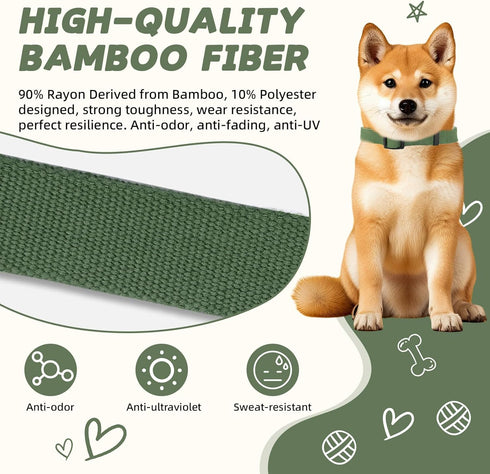 Olive Green Dog Collar and Leash Set for Medium Dogs,90% Rayon Derived from Bamboo, 10% Polyester Adjustable Dog Leash Collar Set, Medium Dog Coll...