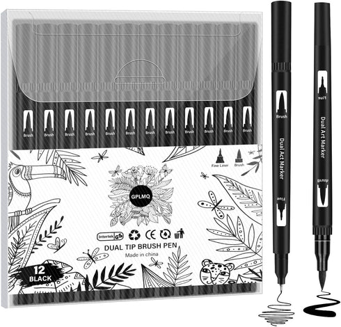 Black Drawing Pens, 12 Pack Felt Tip Markers for Adults and Kids, Dual Tip Brush Fineliners Pens for Art Drawing Sketching...