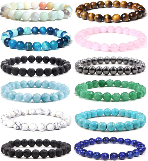 12Pcs Natural Stone Beaded Bracelets for Women Men Semi-Precious Gemstones Bracelets Crystal Beaded Bracelet Unisex Adjustable Stretch Bracelets 8...