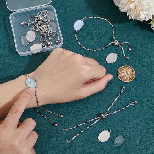 UNICRAFTALE 6 Sets DIY Blank Oval Dome Link Bracelet Making Kit Adjustable Slider Bracelet with Cabochons Stainless Steel Oval Cabochon Connector ...
